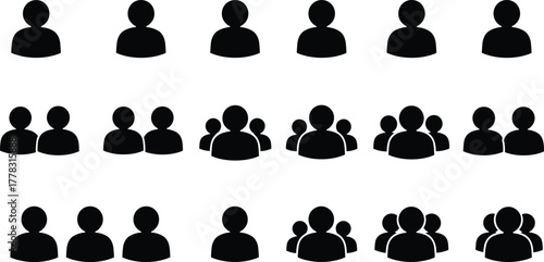 Silhouette people icons, group formation, population growth, teamwork concept, social community, human figures, crowd illustration, black vector design, business and society