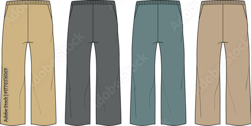 Four flat sketch illustrations of comfortable, casual pants. Elastic waists in beige, grey, teal, brown, ideal for apparel design, loungewear, and everyday fashion