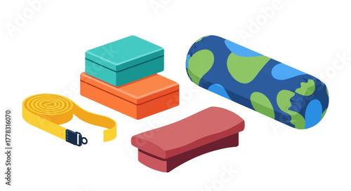 Colorful assortment of yoga blocks and straps on
