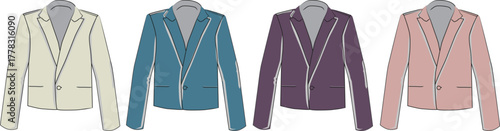 Stylish collection of women's blazers in diverse colors, presented as fashion design templates suitable for apparel industry illustrations and textile projects