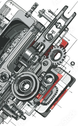 Detailed Mechanical Assembly with Gears Cogs and Red Accents on Blueprint Background