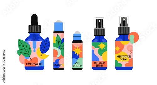 Five colorful bottles with dropper lids and spray
