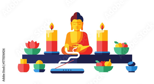 Buddha statue with candles and offerings in a
