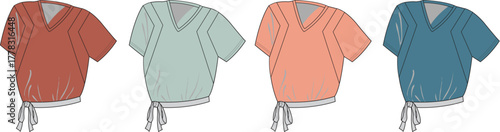 Collection of colorful casual tops with V-neckline and drawstring details suitable for fashion design or apparel
