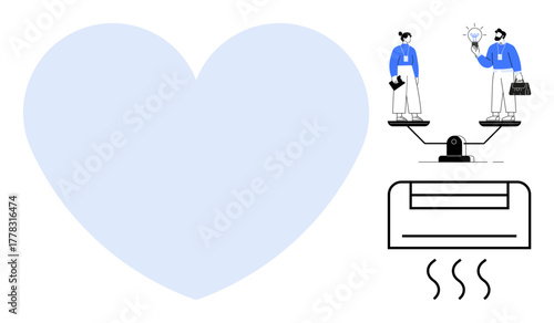 Team members balancing on scale with heart shape symbolizing compassion and small air conditioner. Ideal for work-life balance, teamwork, emotional intelligence, fairness, equality, collaboration