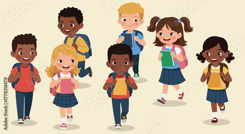 Diverse Group of Children Walking to School with Backpacks