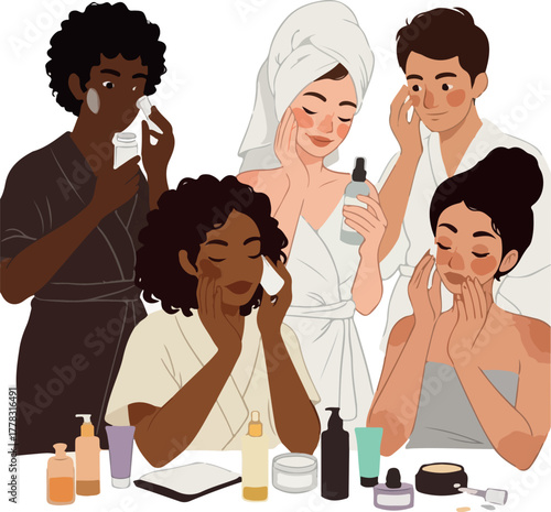 Diverse Group Caring For Skin With Serums And Lotions