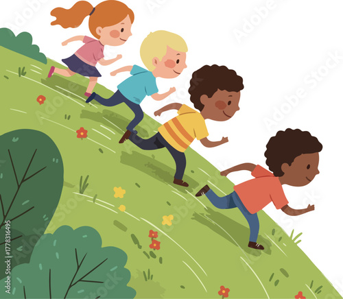 Diverse Group of Children Running Down a Grassy Hill Outdoors