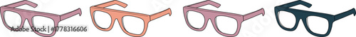 A colorful collection of modern retro-style eyeglasses in a variety of fashionable frame colors, isolated on a white background