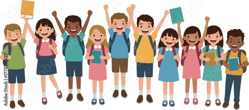Diverse Group Of Happy Students With Backpacks And Books Celebrating