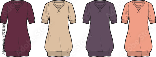 Women's V-neck puff sleeve sweatshirt dress fashion flat technical sketch. Apparel design template vector illustration set with multiple color options