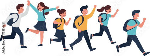 Diverse Group Of Students Running Together With Backpacks Joyful Celebration Flat Design