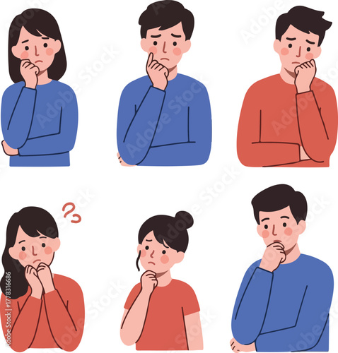 Diverse Group of People Thinking and Questioning Isolated on White Background