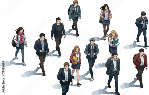 Diverse Group Pixelated People Walking in City with Shadows White Background