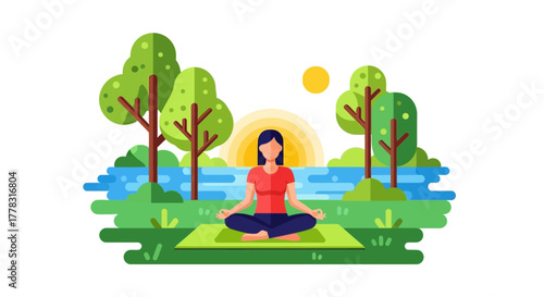 Woman meditating in serene outdoor setting with