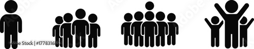 Silhouette people vector illustration, group icons, individual, small team, large crowd, leadership, unity, celebration, teamwork, social connection, diversity, communication, community, gathering