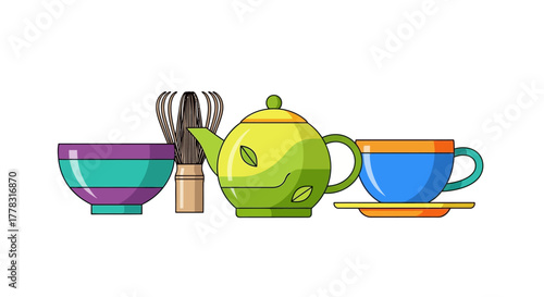 Colorful illustration of a teapot, cup, bowl, and