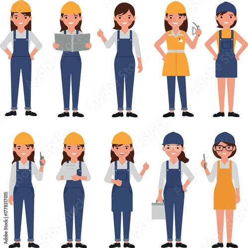 Diverse Women Construction Workers Safety Helmets Blue Overalls Yellow Vests Tools