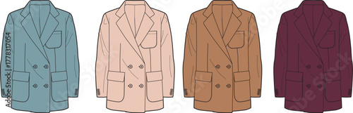 Collection of women's double-breasted blazers in various colors. Fashion design technical flat sketch vector illustration set