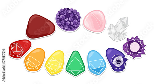 Colorful crystal shapes arranged in a row on