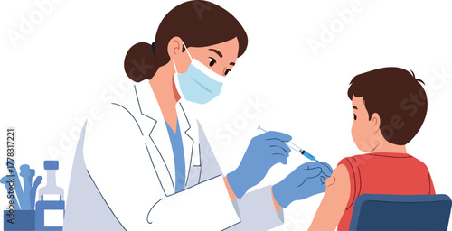 Doctor Administering Vaccine to Child in White Background Flat Design