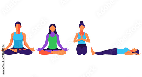 Four women in various yoga poses on a white
