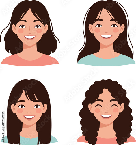 Diverse Young Women Portraits Cheerful Expressions Simple Flat Design