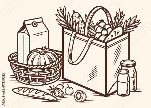 Vintage grocery illustration pack hand-sketched organic farm products, fruits, vegetables, bakery, and milk, engraved rustic market concept.