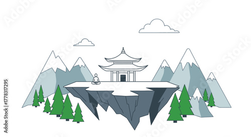 Illustration of a serene pagoda on a cliff with