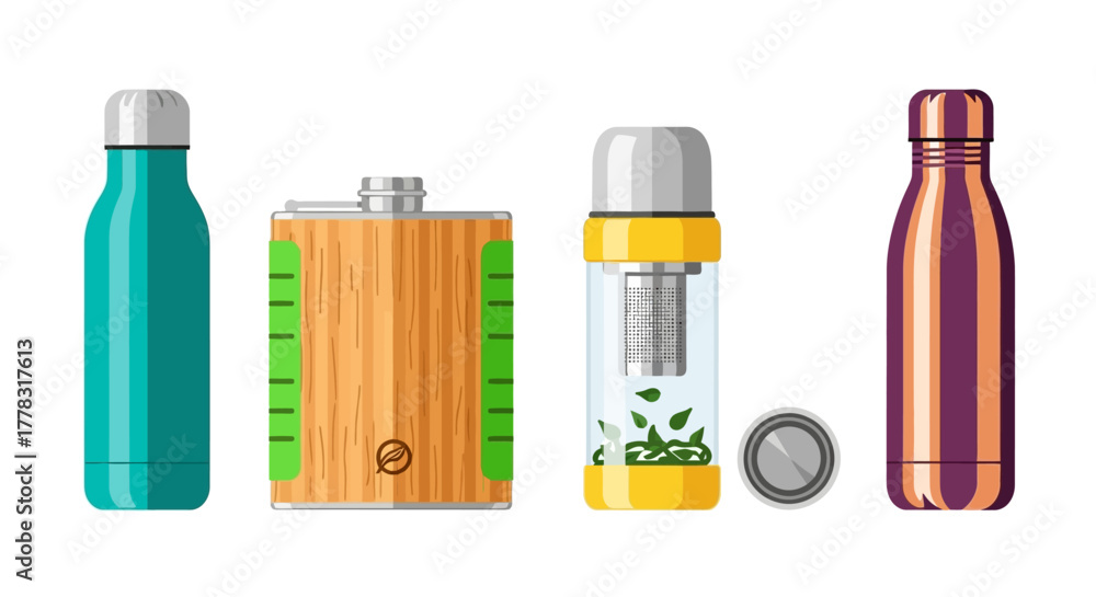Fototapeta premium Four reusable water bottles and a coin on a white