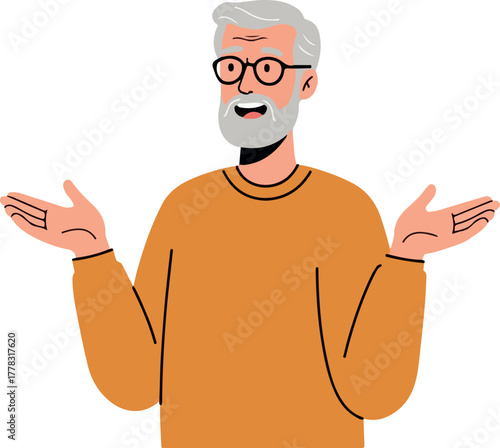 Elderly Man With Gray Beard And Glasses Shrugging Shoulders