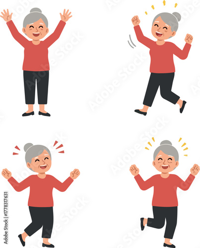 Elderly Woman Joyful Poses Isolated Vector Flat Illustration