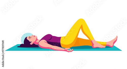 Woman in purple shirt and yellow pants lies on
