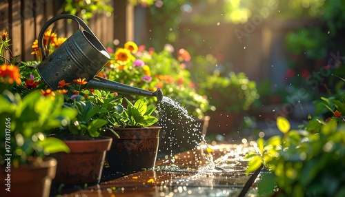 Fototapeta Naklejka Na Ścianę i Meble -  Watering flowers in a garden