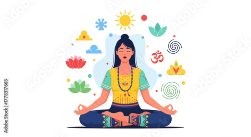 Woman meditating in lotus position with symbolic