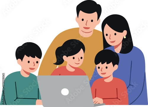 Family of Five Using Laptop for Learning and Connection