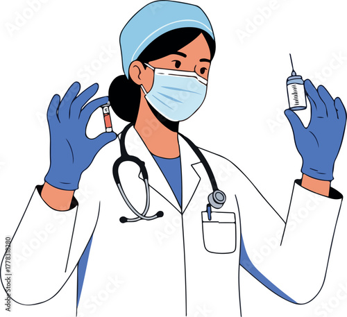 Female Doctor Holding Vaccine and Syringe Minimalist Illustration