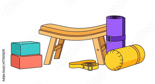 Cartoon illustration of yoga props and
