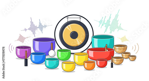 Colorful singing bowls and gong on white