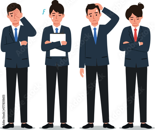 Four Business People Feeling Stressed and Concerned In Blue Suits