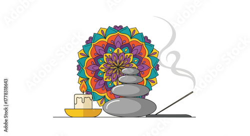 Illustration of stacked stones with incense and