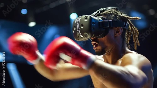 An athletic woman wearing virtual reality goggles engages in an intense boxing workout, simulating a fight in a digital metaverse.