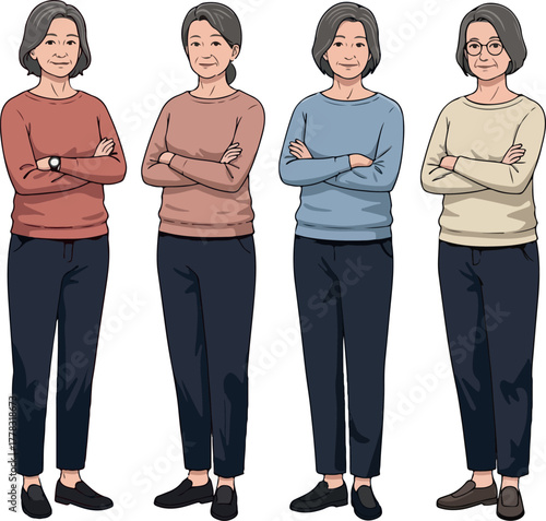Four Older Women Standing Arms Crossed Different Tops Isolated