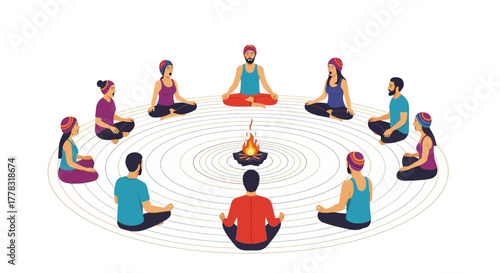 People meditating around a fire in a circle with