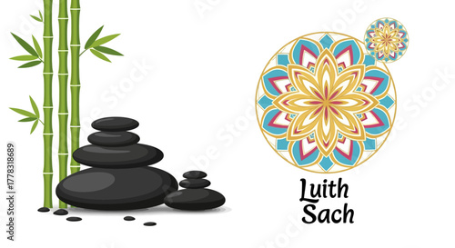 Flat design of a zen stone and bamboo logo with