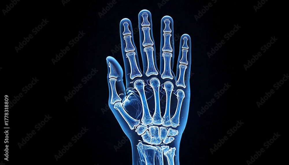 Naklejka premium a digital illustration of the bones of a human hand and wrist. Blue X-ray image of the hand.