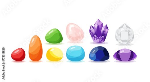 Colorful arrangement of gemstones on a white