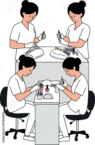 Four Nail Technicians Performing Manicures in a Salon Flat Illustration