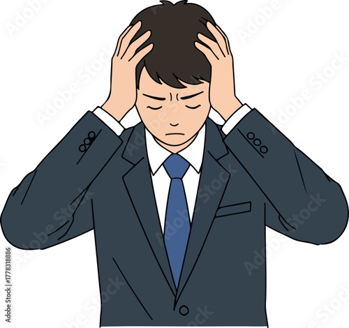 Frustrated Businessman Holding Head in Stress Isolated White Minimal Illustration