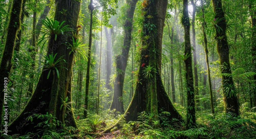 Obraz premium Two large, green, leafy trees with moss and ferns growing on them, surrounded by dense green foliage and sunlight filtering through the canopy, with a misty, foggy atmosphere in the background.